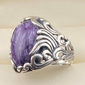 CAROLYN POLLACK Sterling Silver Ornate Swirl Oval Purple Charoite Ring Sz. 7